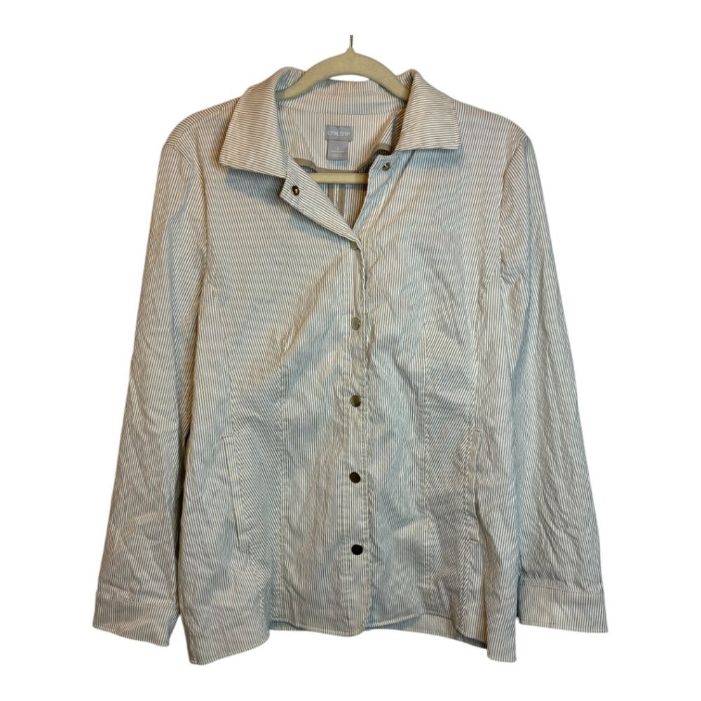 Chico's Jacket Women's Size Large Snaps Stripes Brown White Chicos 2